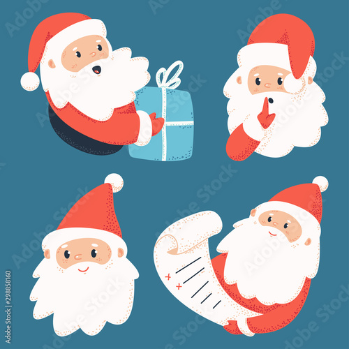 Cute Santa Claus characters with letter and gift box vector cartoon set isolated on background.