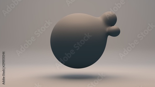 3D rendering of grey liquid substance with . The big sphere merges with the small. The composition of futuristic design on a dark reflective background. Idea for desktop background images.