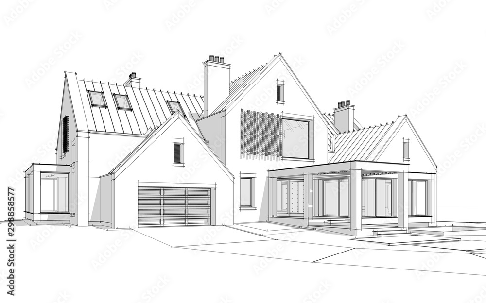 3d rendering of modern cozy clinker house on the ponds with garage and pool for sale or rent. Black line sketch with soft light shadows on white background 3d rendering of modern cozy clinker house on the ponds with garage and pool for sale or rent. Black line sketch with soft light shadows on white background
