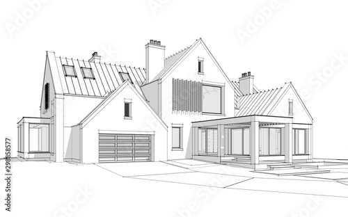 3d rendering of modern cozy clinker house on the ponds with garage and pool for sale or rent. Black line sketch with soft light shadows on white background © korisbo