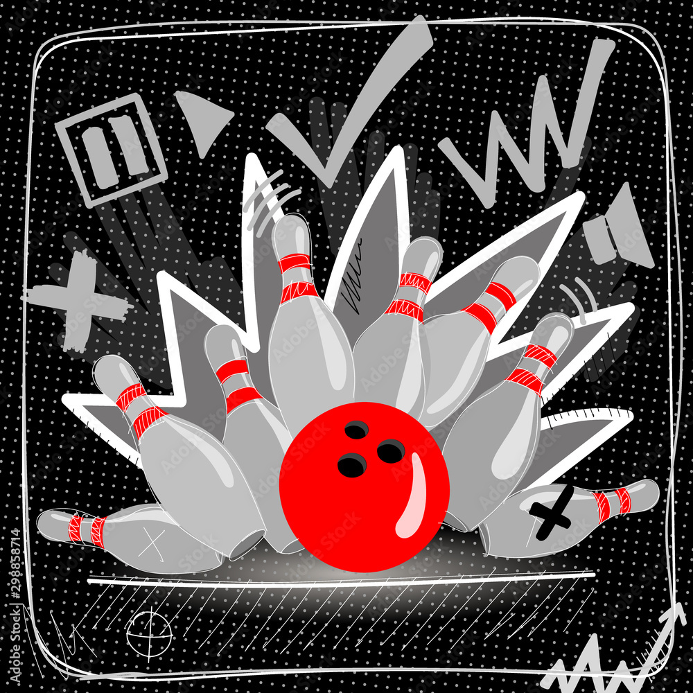 Red bowling ball breaks six skittles. Vector image on a black background.