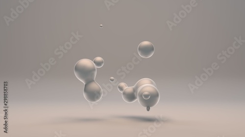 3D rendering of pearl drops on a white background. Drops of white liquid in space and weightlessness merge with each other. Abstract, futuristic design isolated on white background.