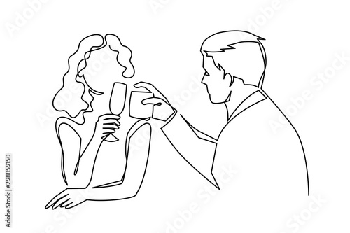 Couple drinking wine continuous one line vector drawing. Lovers. Romantic date. Valentines day celebration.