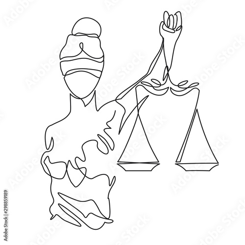 Themis statue holding scales balance continuous one line vector drawing. Symbol of justice, law and order. photo