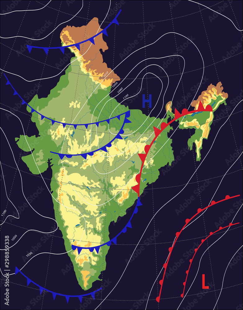 Weather Map Of India India. Realistic Synoptic Map Of The India Showing Isobars And Weather Fronts. Meteorological Forecast On A Dark Background. Editable Vector Illustration Of A Generic Weather Map. Eps 10 Stock Vector | Adobe Stock Weather Map Of India India. Realistic Synoptic Map Of The India Showing Isobars And Weather Fronts. Meteorological Forecast On A Dark Background. Editable Vector Illustration Of A Generic Weather Map. Eps 10 Stock Vector | Adobe Stock