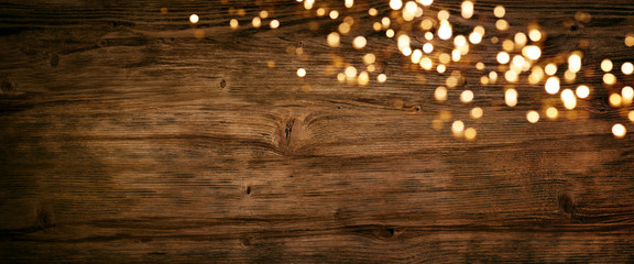 Christmas lights on old wood