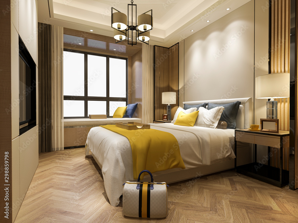 Obraz premium 3d rendering classic beautiful luxury bedroom suite in hotel with tv