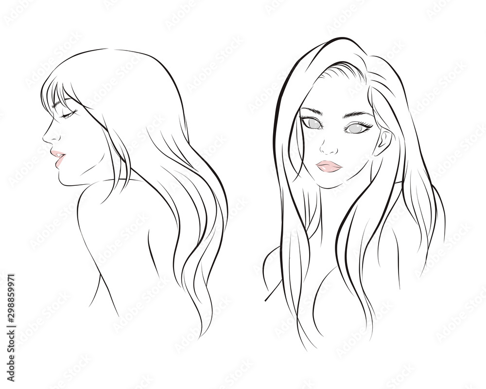 girl face long hair portrait isolated on white background. hand drawn vector illustration girl face long hair portrait isolated on white background. hand drawn vector illustration