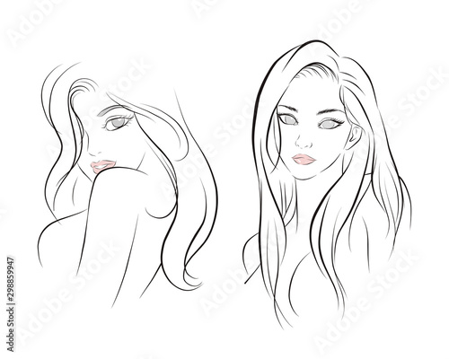 girl face long hair portrait isolated on white background. hand drawn vector illustration