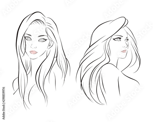 girl face long hair portrait isolated on white background. hand drawn vector illustration