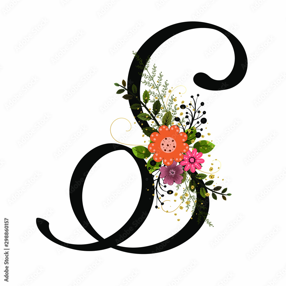 Floral Alphabet - Letter S with flowers and leaves hand drawn. Flowers