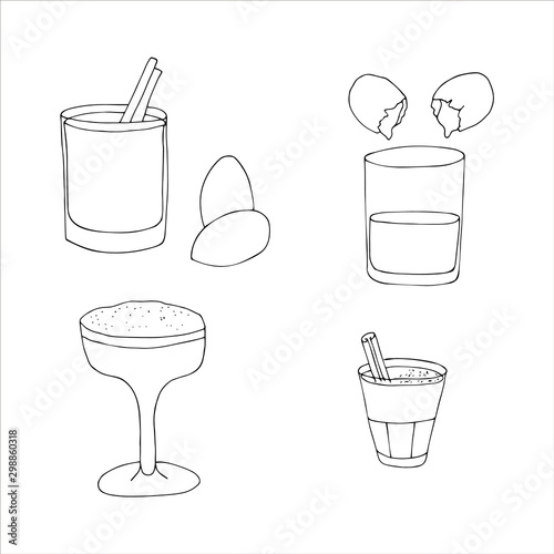 Homemade traditional Christmas eggnog drinks. Hand drawn vector collection. 