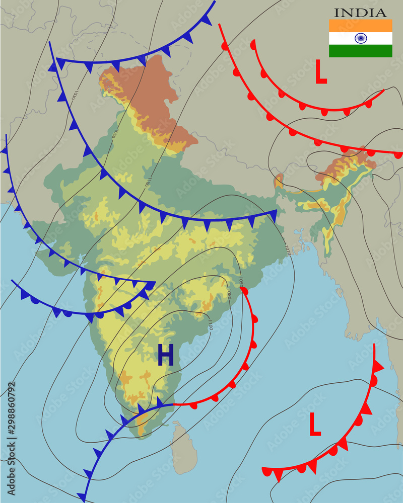 Obraz India. Realistic synoptic map of the India showing isobars and weather fronts. Meteorological forecast. Topography and physical map of country with national flag. Vector illustration. EPS 10
