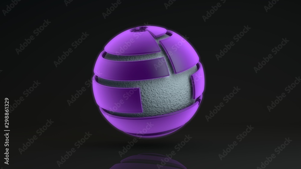 3D rendering of a large purple sphere consisting of many segments. Inside the glowing sphere is a metal ball with a corrugated surface, a liquid. Element of futuristic design, geometric abstraction. 3D rendering of a large purple sphere consisting of many segments. Inside the glowing sphere is a metal ball with a corrugated surface, a liquid. Element of futuristic design, geometric abstraction.