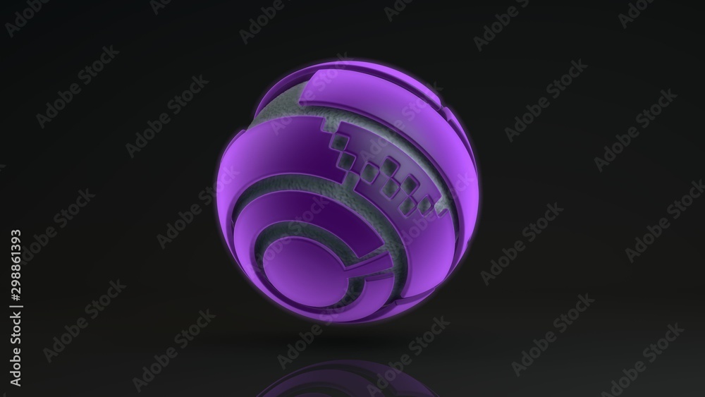 3D rendering of a large purple sphere consisting of many segments. Inside the glowing sphere is a metal ball with a corrugated surface, a liquid. Element of futuristic design, geometric abstraction.