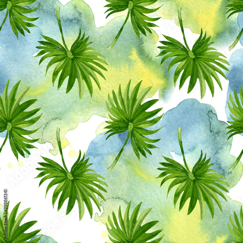 Palm beach tree leaves jungle botanical. Watercolor background illustration set. Seamless background pattern.