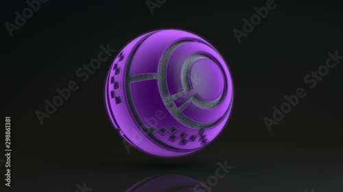3D rendering of a large purple sphere consisting of many segments. Inside the glowing sphere is a metal ball with a corrugated surface, a liquid. Element of futuristic design, geometric abstraction.
