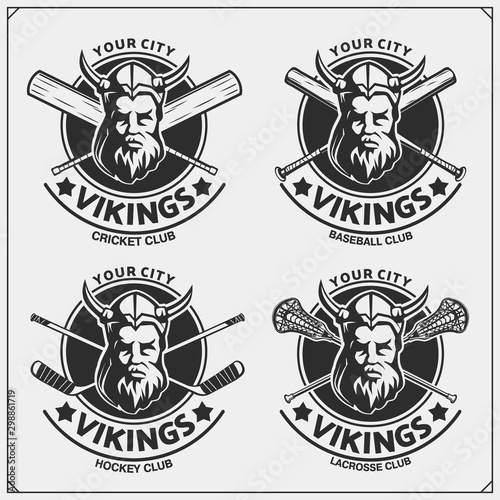 Cricket, baseball, lacrosse and hockey logos and labels. Sport club emblems with vikings. Print design for t-shirt.