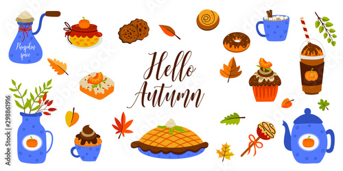 Pumpkin spice coffee and sweets. Pumpkin spice latte, mocha or frappe in cups, donut, cupcake, biscuits, pie slices. Warm autumnal vector illustration.