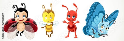 Cute cartoon ladybug, bee, blue butterfly and red ant isolated on a white background