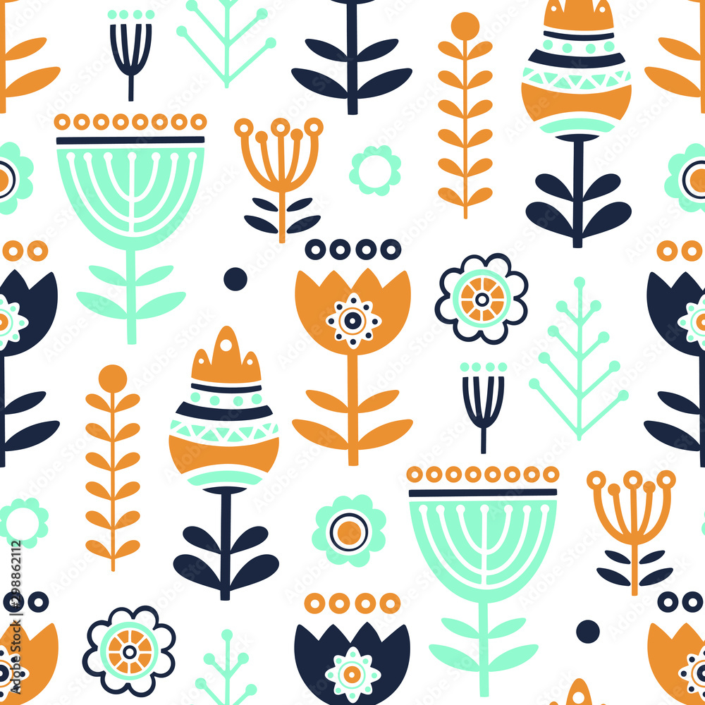 Seamless pattern with floral elements in scandinavian style.