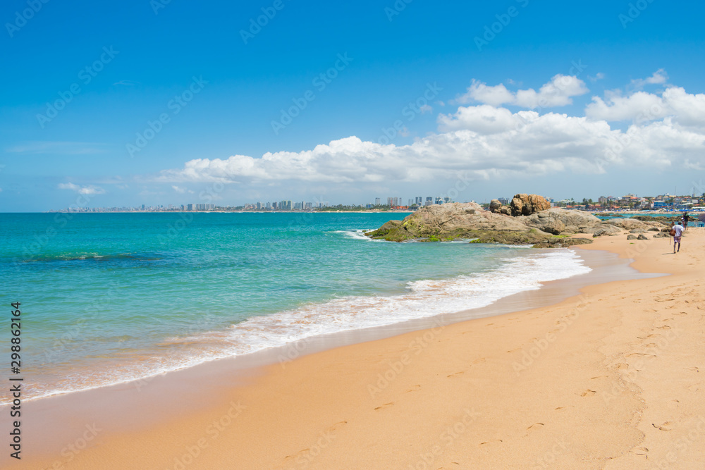 A view of Farol de Itapua beach - calm waters and beautiful turquoise sea - Salvador, Bahia (Brazil)