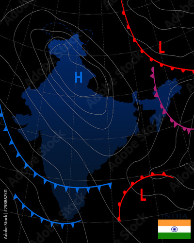 Weather map of the India. Meteorological forecast on a dark background. Editable vector illustration of a generic weather map showing isobars and weather fronts. EPS 10
