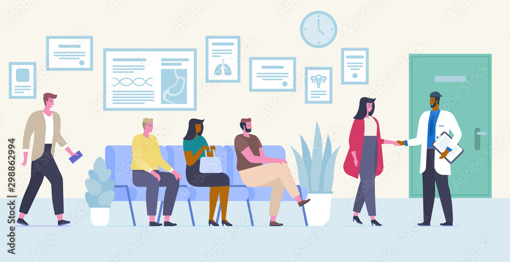 People in reception room flat vector illustration