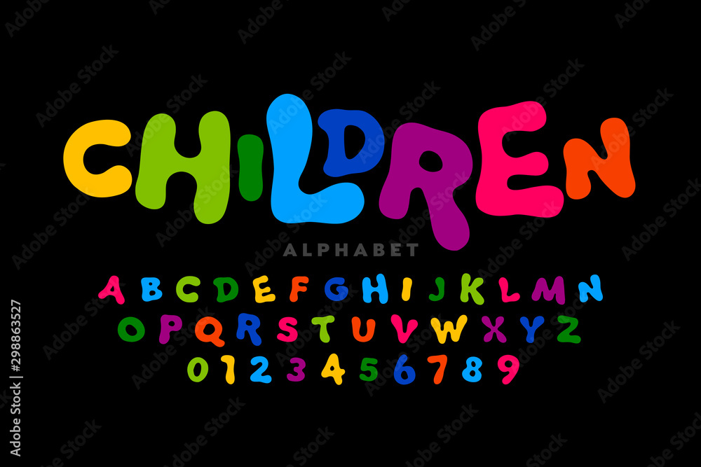 Naklejka Children's style colorful font, playful alphabet, letters and numbers