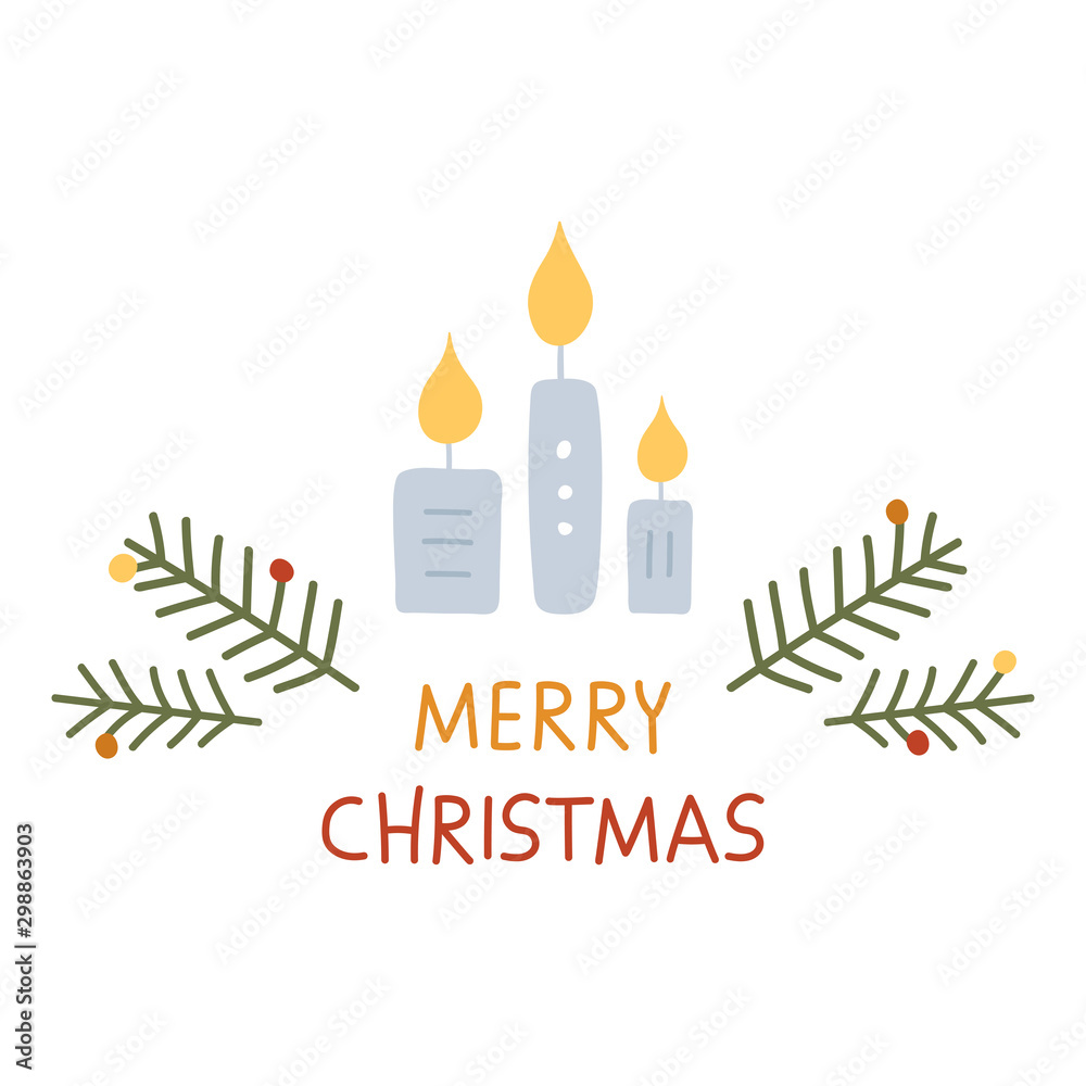 Christmas card with trees and candles. Vector cartoon illustration. Hand drawn typography poster. Christmas card with trees and candles. Vector cartoon illustration. Hand drawn typography poster.
