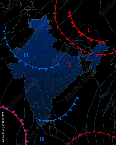 Weather map of the India. Meteorological forecast on a dark background. Editable vector illustration of a generic weather map showing isobars and weather fronts. Vector illustration