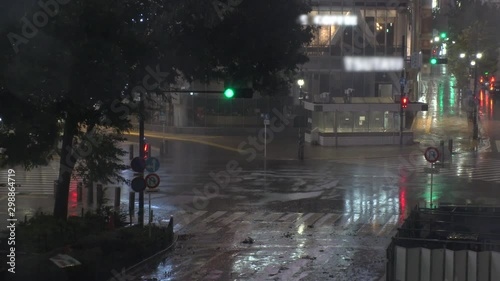 TOKYO,JAPAN - 12 OCTOBER 2019 : Powerful Typhoon Hagibis made landfall. Heaviest rain and winds in 60 years. Government issued highest level of disaster warning. View around Shibuya scramble crossing. photo