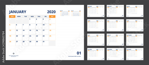 2020 calendar planner set for template corporate design week start on Sunday.