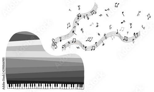 grand piano with notes - gray gradation	グランドピアノと音符 -グレーグラデーション