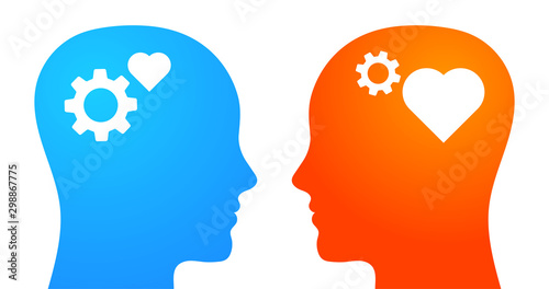 Thinking vs feeling. Emotional and rational intelligence. Heads with heart and gears. Vector Illustration.