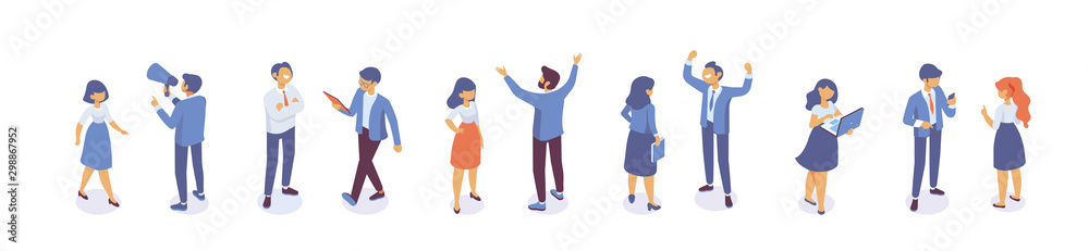 Isometric business men and women standing and having conversation. Horizontal banner. Talking. Business people team. Disscussing new idea. Coworkers. Vector isolated isometric characters.