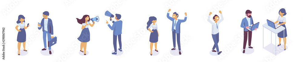 Isometric business men and women standing and having conversation. Horizontal banner. Talking. Business people team. Disscussing new idea. Coworkers. Vector isolated isometric characters.