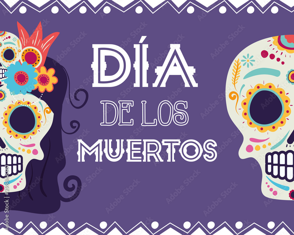 dia de los muertos card with catrina and skull heads