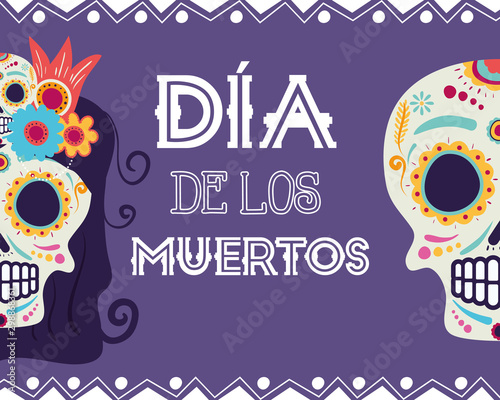 dia de los muertos card with catrina and skull heads