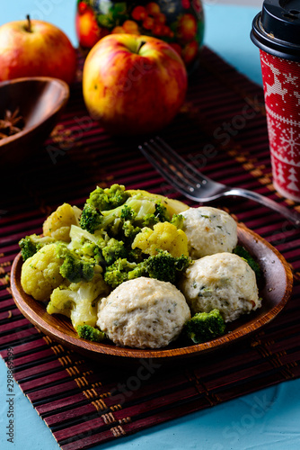 steamed chicken meatballs and steamed vegetables, healthy nutrition