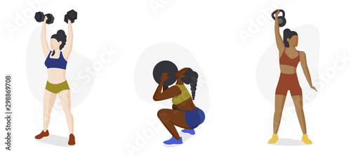 Female Athlete Character Icon Set, Strength Training, Body building, Crossfit - Multicultural Diversity Concept