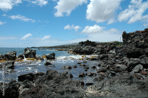 Panoramic view of the coast from the town of Hanga Roa on Easter Island