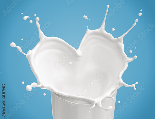 Canvas Print Heart shaped milk splashed in a glass, 3d rendering.