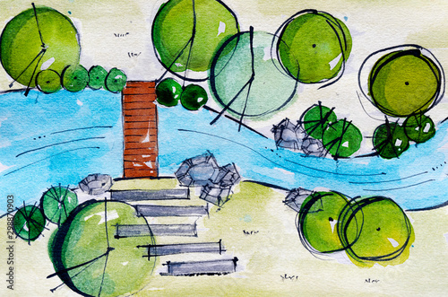 Landscape architect plan design by watercolor hand drawn painting with brushes strokes.Colorful splashing in the paper.It's wet texture background for creative wallpaper,floral card and art work.