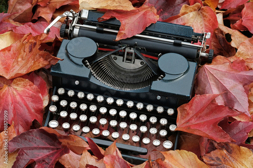 Vintage type-writer with colorful autumn leaves