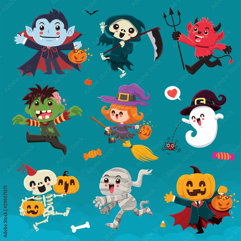Vintage Halloween poster design with vector vampire, reaper, demon, witch, zombie, ghost, skeleton, mummy, pumpkin, jack o lantern, character set. 