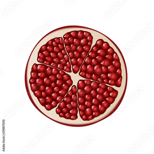 Isolated half of ruby colorful pomegranate on white background. Realistic colored round slice of pomegranate with red seeds. Top view, view from above.