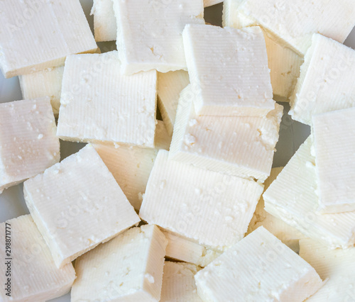 Paneer or cottage cheese cube close up. photo