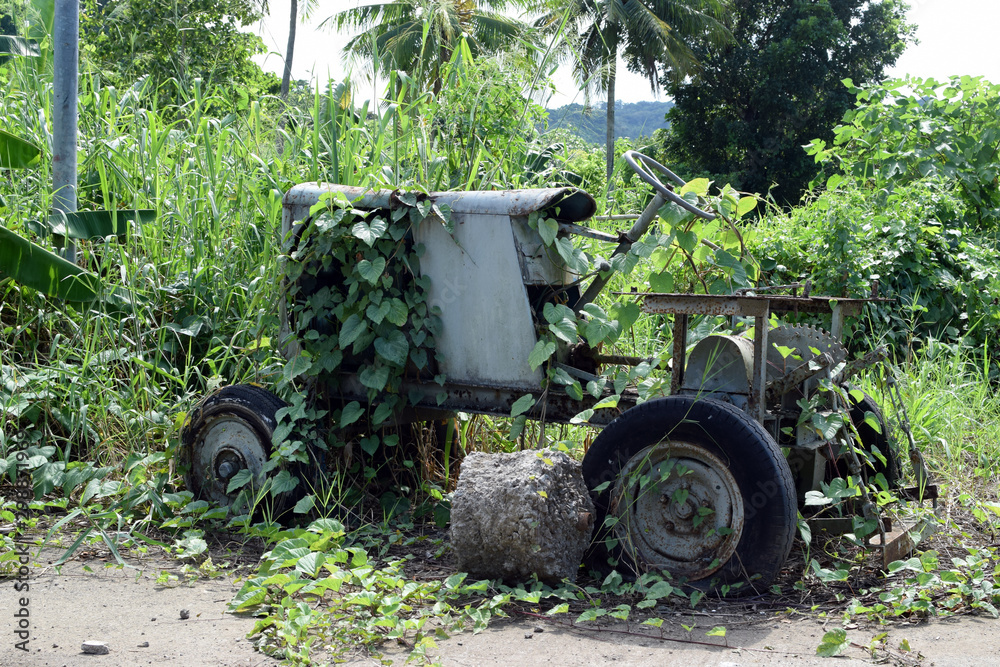 Wasted dilapidated rustic old farm tractor covered by vegetation left on the vicinity of agricultural college campus Wasted dilapidated rustic old farm tractor covered by vegetation left on the vicinity of agricultural college campus