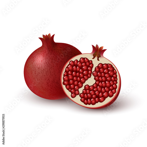Realistic colored juicy slice of red pomegranate. Isolated half of ruby colorful pomegranate and whole round fruit on white background.